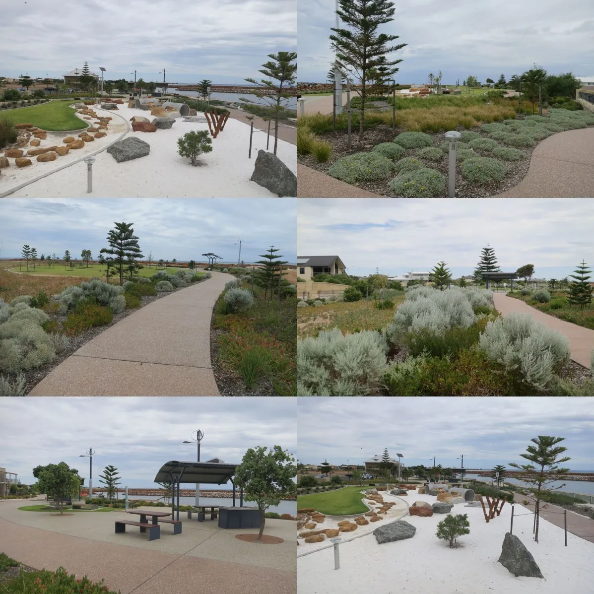 Collage of foreshore landscaping, paths and shelters at Port Geographe