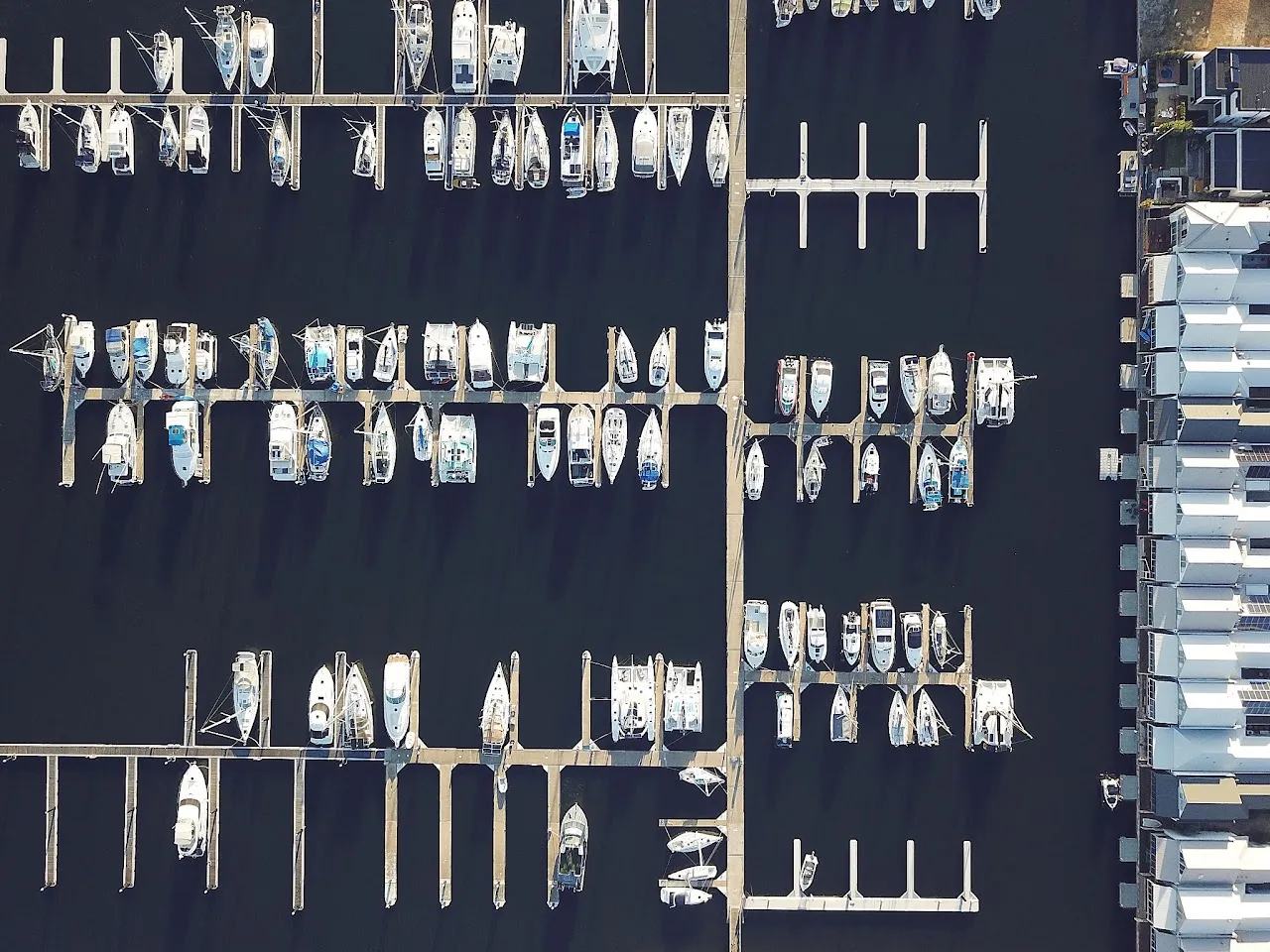 Overhead view of boats moored in the Port Geographe marina