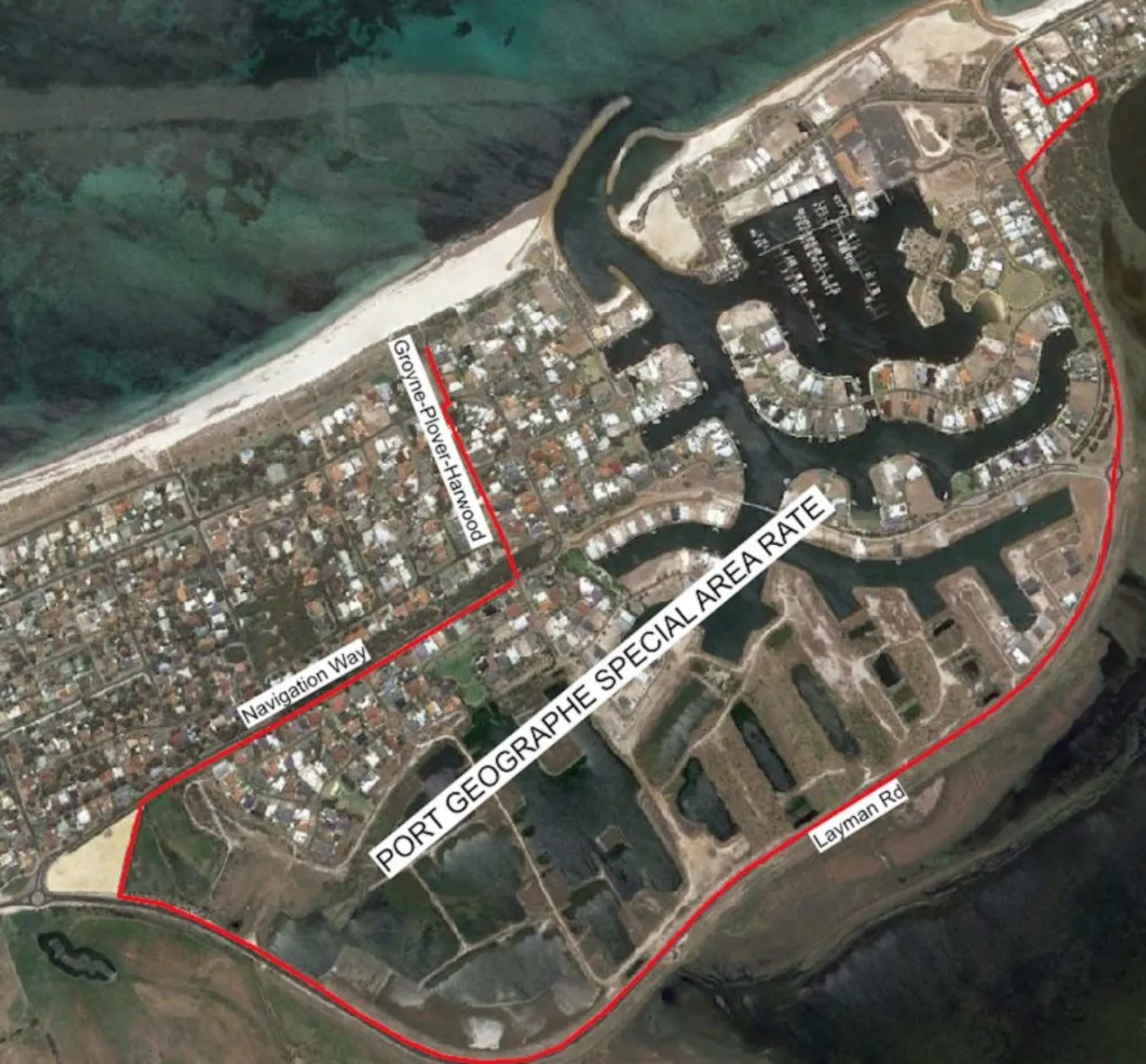 Aerial map showing the boundary of the Port Geographe Special Area Rate