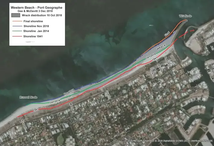 Map of Western Beach, Port Geographe, showing historic shorelines and wrack distribution