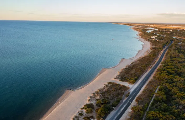 Aerial view of the Wonnerup coastline and road