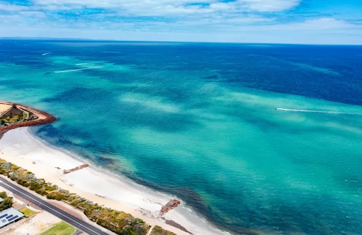 Aerial view of turquoise water off Wonnerup Beach